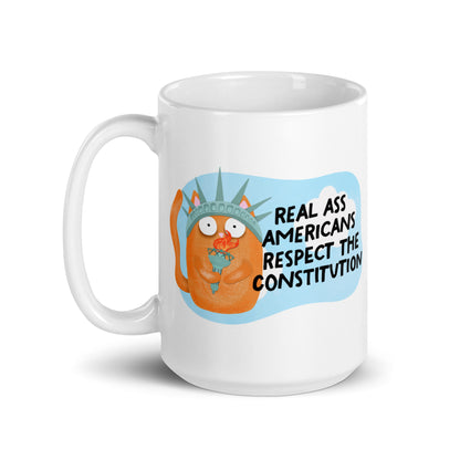 Real Ass Americans Respect the Constitution Glossy White Coffee Mug | Funny Political Cat Gift - Spinsterly Co