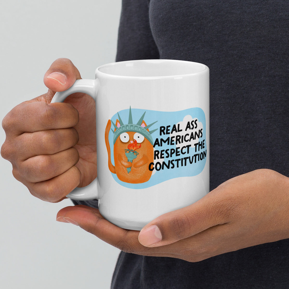 Real Ass Americans Respect the Constitution Glossy White Coffee Mug | Funny Political Cat Gift - Spinsterly Co