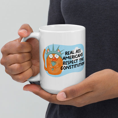 Real Ass Americans Respect the Constitution Glossy White Coffee Mug | Funny Political Cat Gift - Spinsterly Co