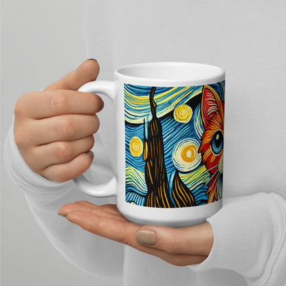 Starry Night Cat Glossy White Coffee Mug | Art Lover Cat Gift - Spinsterly Co