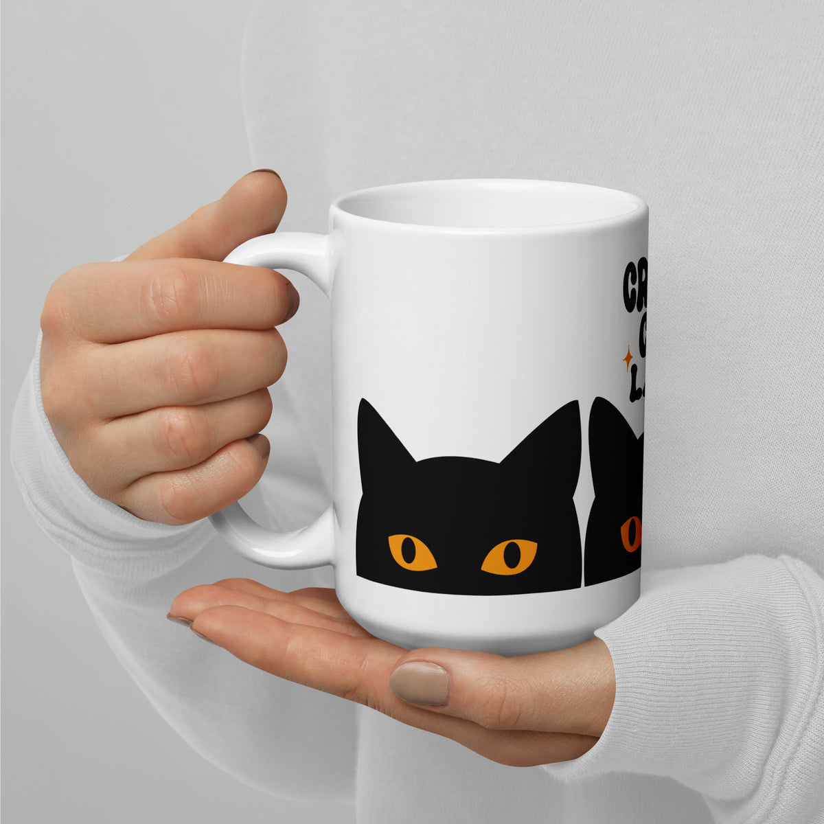 Crazy Cat Lady Peeking Black Cat Glossy White Coffee Mug | Funny Cat Lover Gift - Spinsterly Co