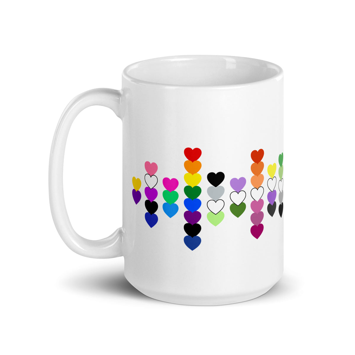 LGBTQIA+ Pride Flag Hearts White Glossy Mug | Inclusive Pride Gift | 19 Flags - Spinsterly Co