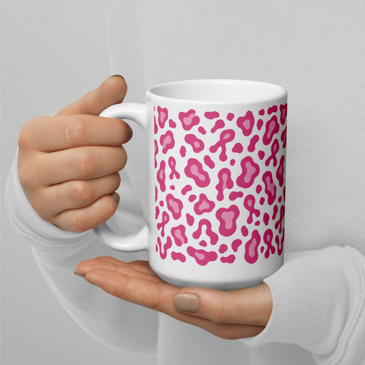 Pink Leopard Print White Glossy Mug | Breast Cancer Awareness Month - Spinsterly Co