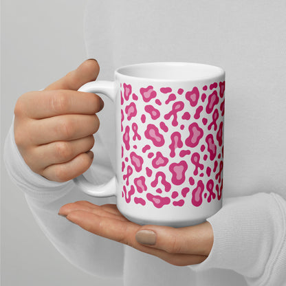 Pink Leopard Print White Glossy Mug | Breast Cancer Awareness Month - Spinsterly Co