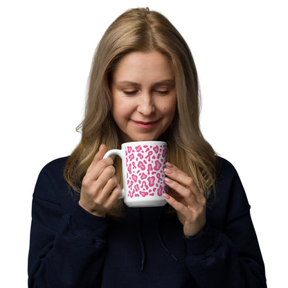 Pink Leopard Print White Glossy Mug | Breast Cancer Awareness Month - Spinsterly Co