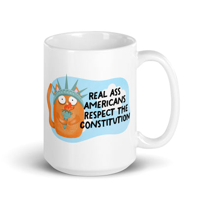 Real Ass Americans Respect the Constitution Glossy White Coffee Mug | Funny Political Cat Gift - Spinsterly Co