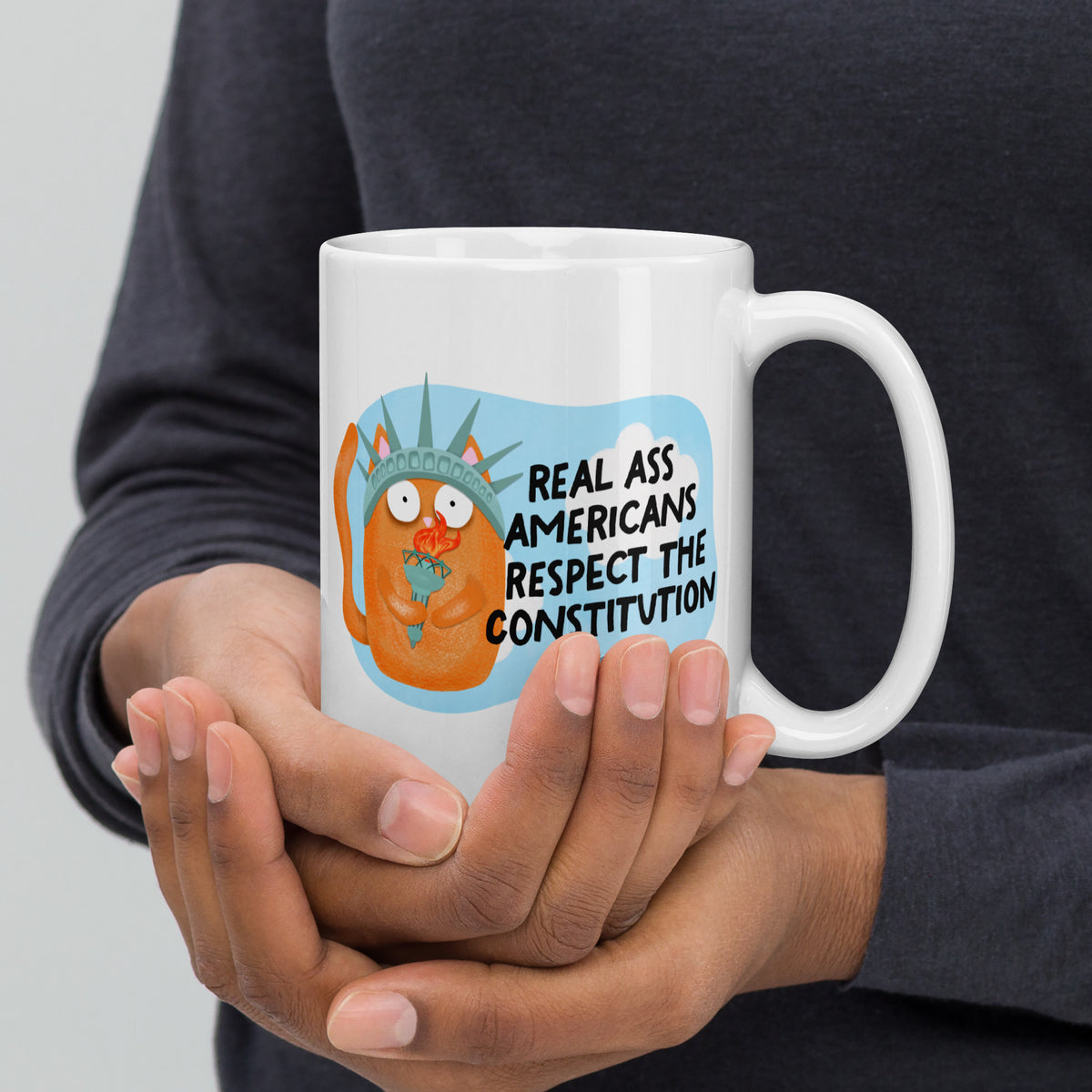 Real Ass Americans Respect the Constitution Glossy White Coffee Mug | Funny Political Cat Gift - Spinsterly Co