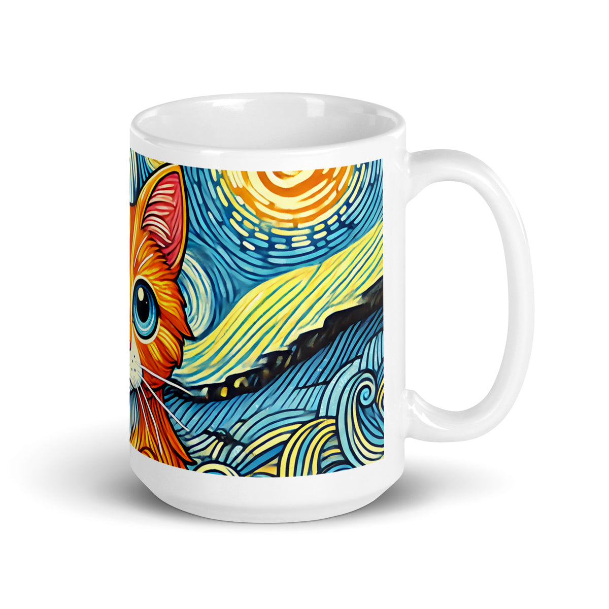 Starry Night Cat Glossy White Coffee Mug | Art Lover Cat Gift - Spinsterly Co