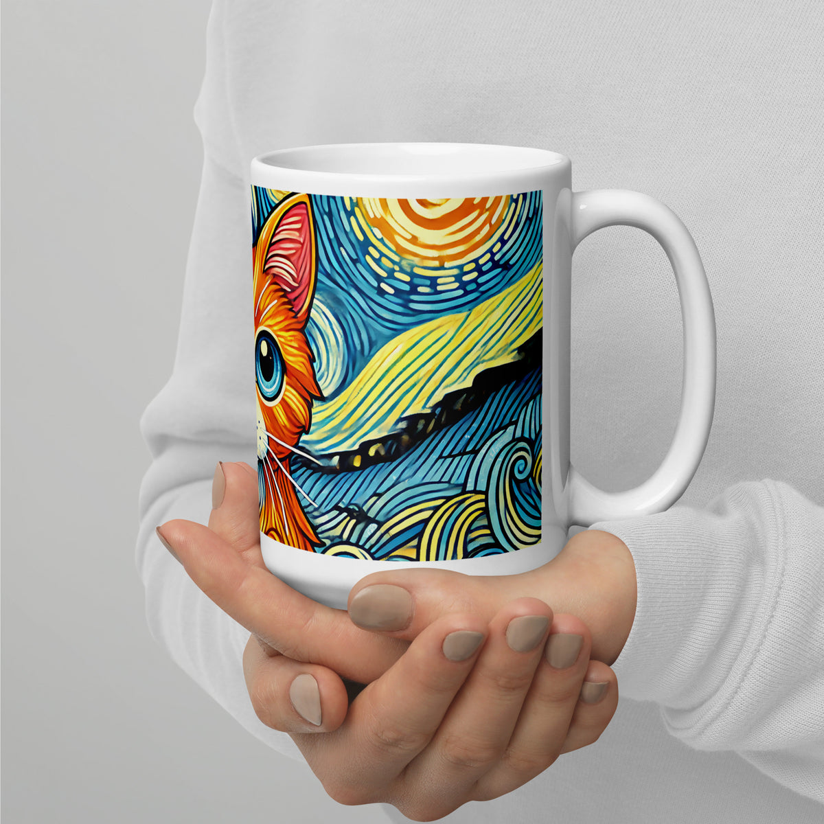 Starry Night Cat Glossy White Coffee Mug | Art Lover Cat Gift - Spinsterly Co