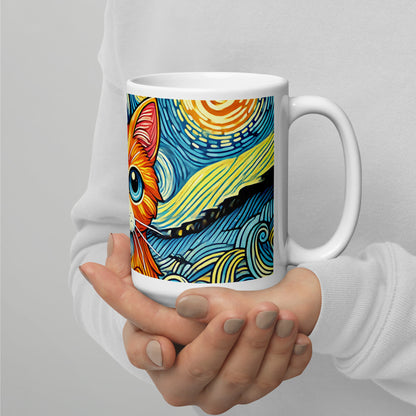 Starry Night Cat Glossy White Coffee Mug | Art Lover Cat Gift - Spinsterly Co