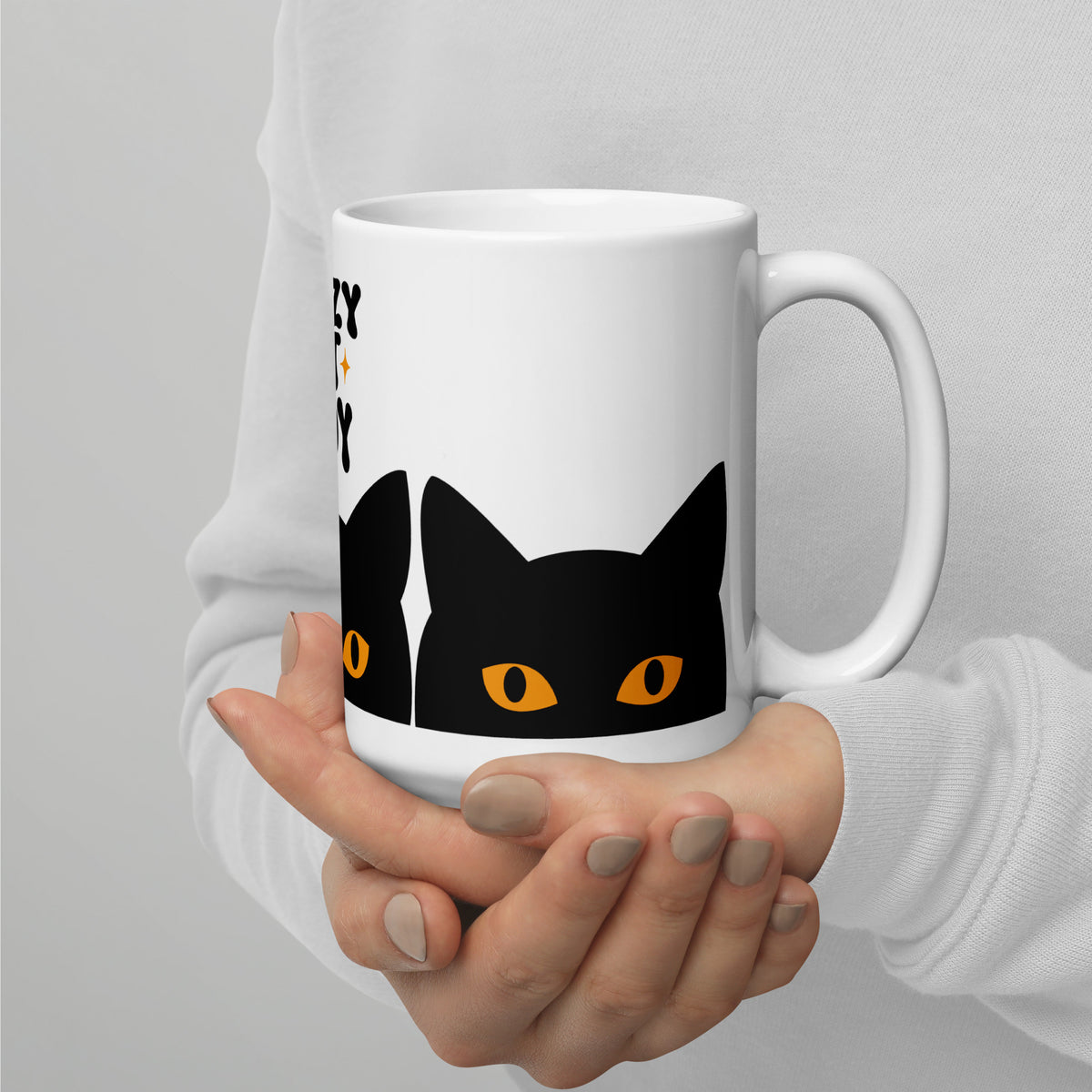 Crazy Cat Lady Peeking Black Cat Glossy White Coffee Mug | Funny Cat Lover Gift - Spinsterly Co