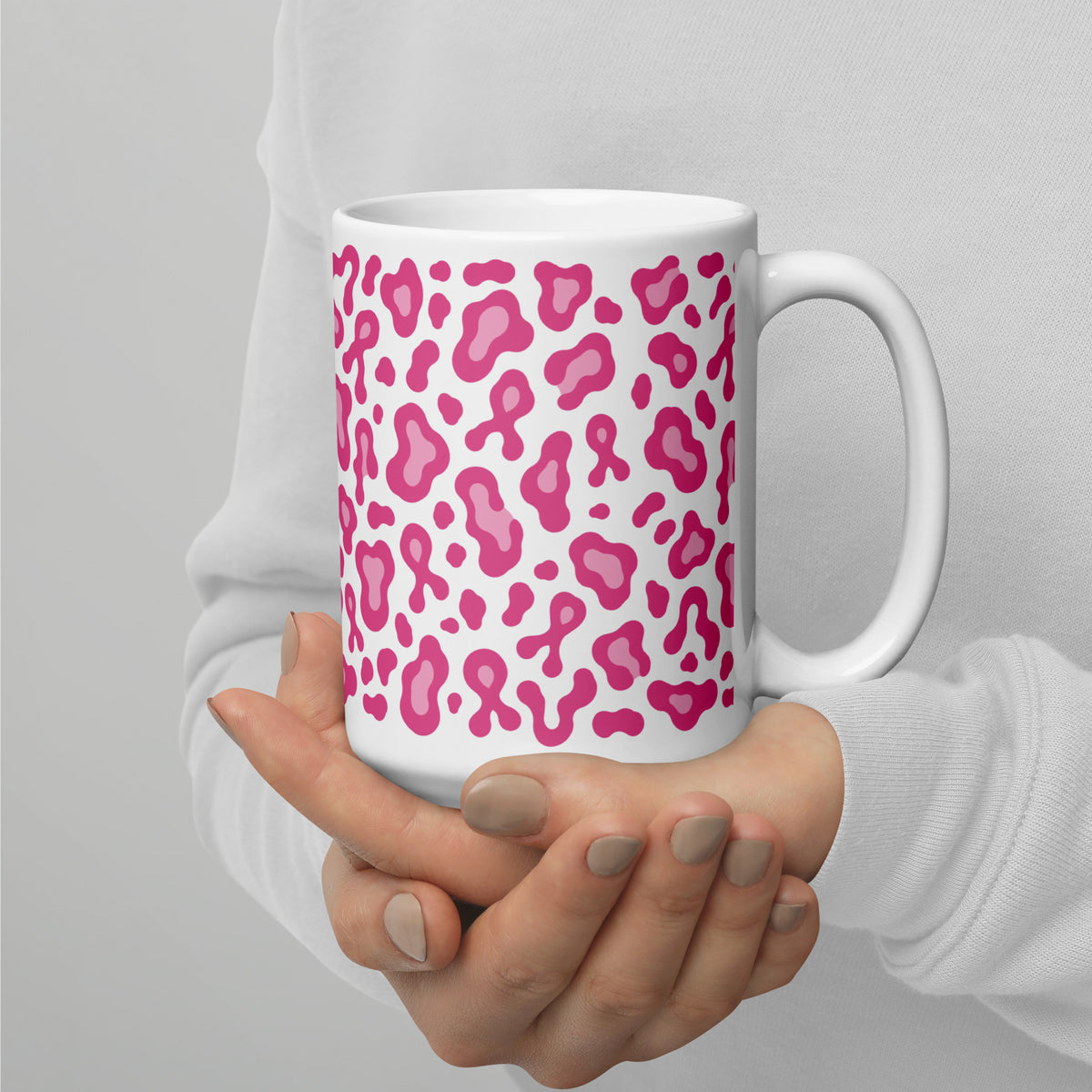 Pink Leopard Print White Glossy Mug | Breast Cancer Awareness Month - Spinsterly Co
