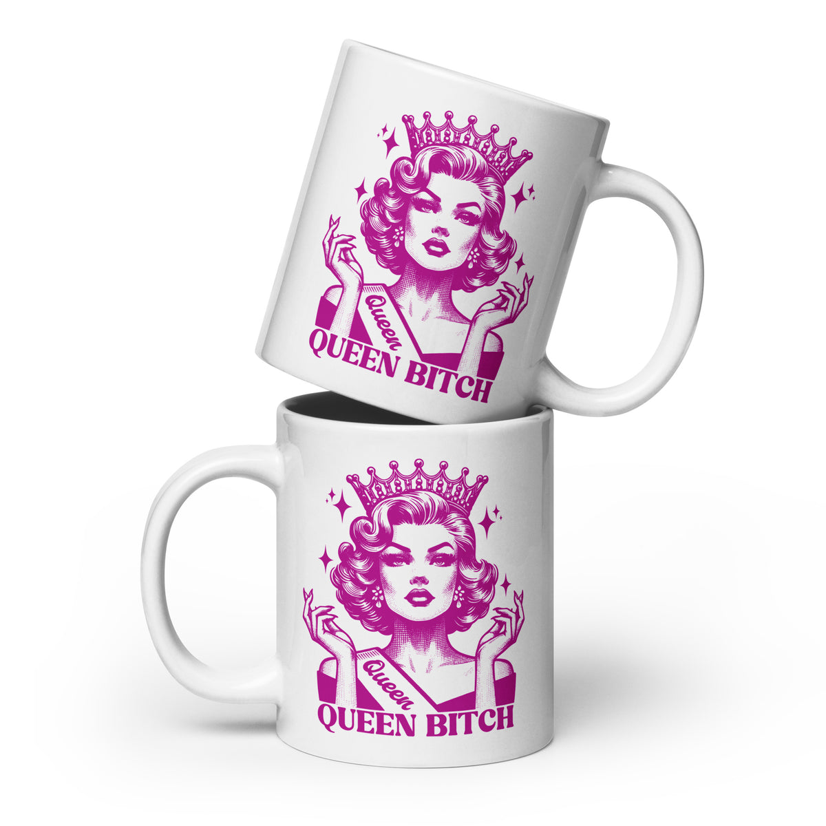Queen Bitch White Glossy Coffee Mug | Crowned Retro Queen Pink Illustration - Spinsterly Co