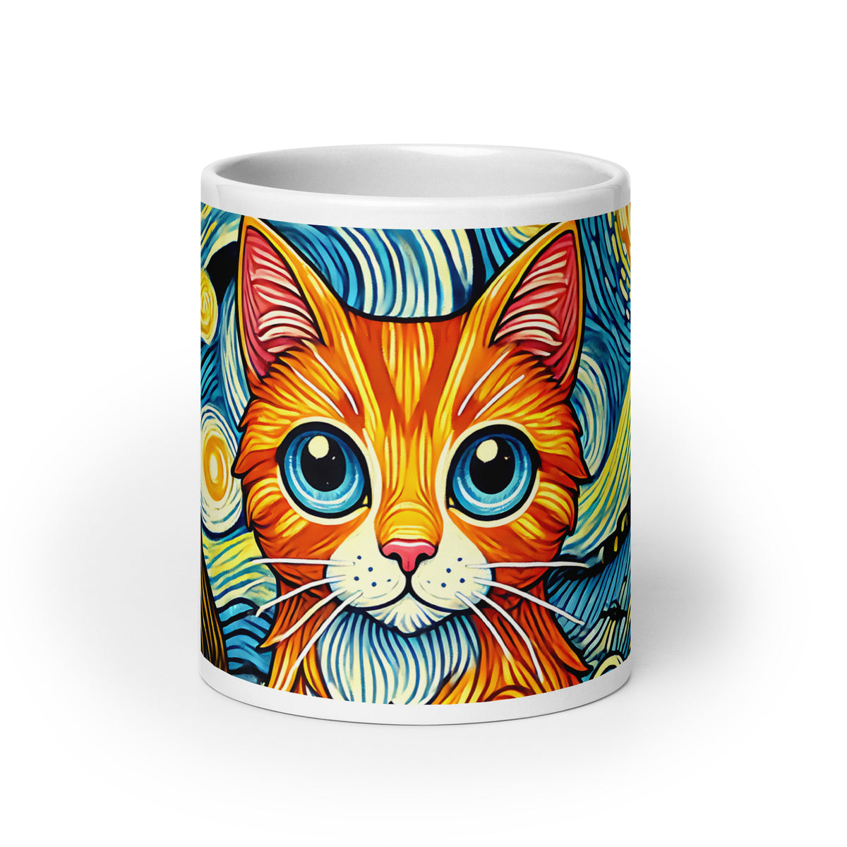 Starry Night Cat Glossy White Coffee Mug | Art Lover Cat Gift - Spinsterly Co
