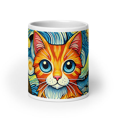 Starry Night Cat Glossy White Coffee Mug | Art Lover Cat Gift - Spinsterly Co