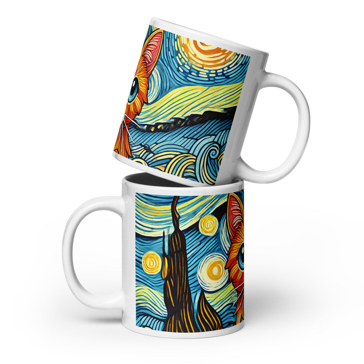 Starry Night Cat Glossy White Coffee Mug | Art Lover Cat Gift - Spinsterly Co
