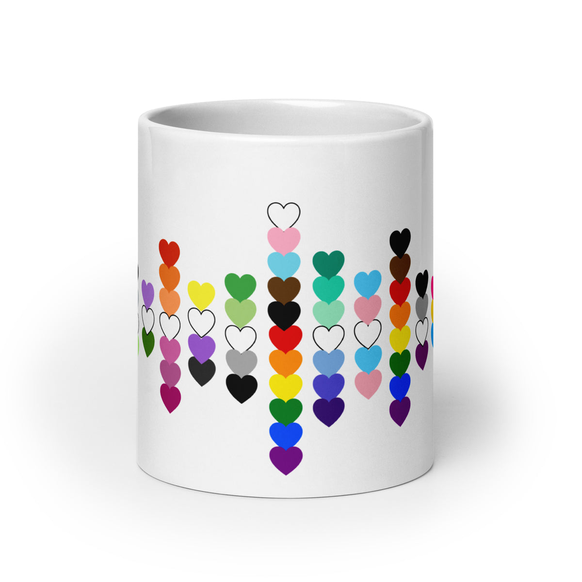 LGBTQIA+ Pride Flag Hearts White Glossy Mug | Inclusive Pride Gift | 19 Flags - Spinsterly Co