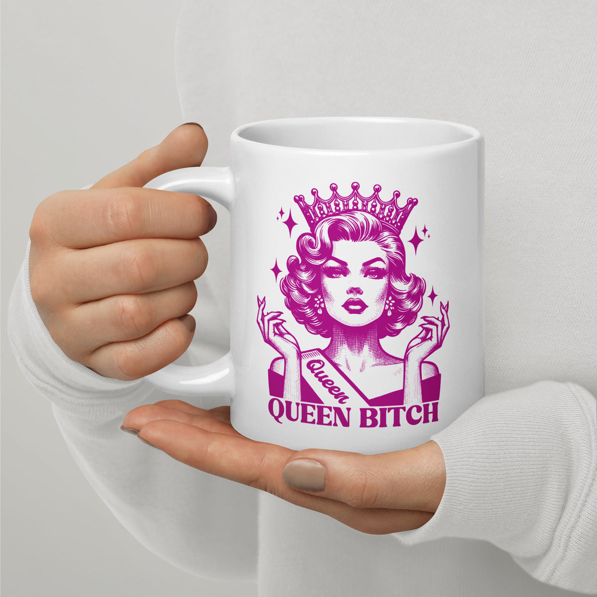 Queen Bitch White Glossy Coffee Mug | Crowned Retro Queen Pink Illustration - Spinsterly Co