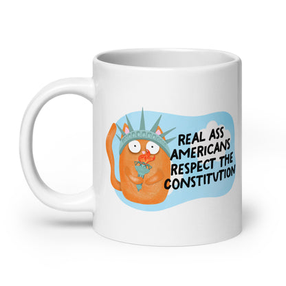 Real Ass Americans Respect the Constitution Glossy White Coffee Mug | Funny Political Cat Gift - Spinsterly Co