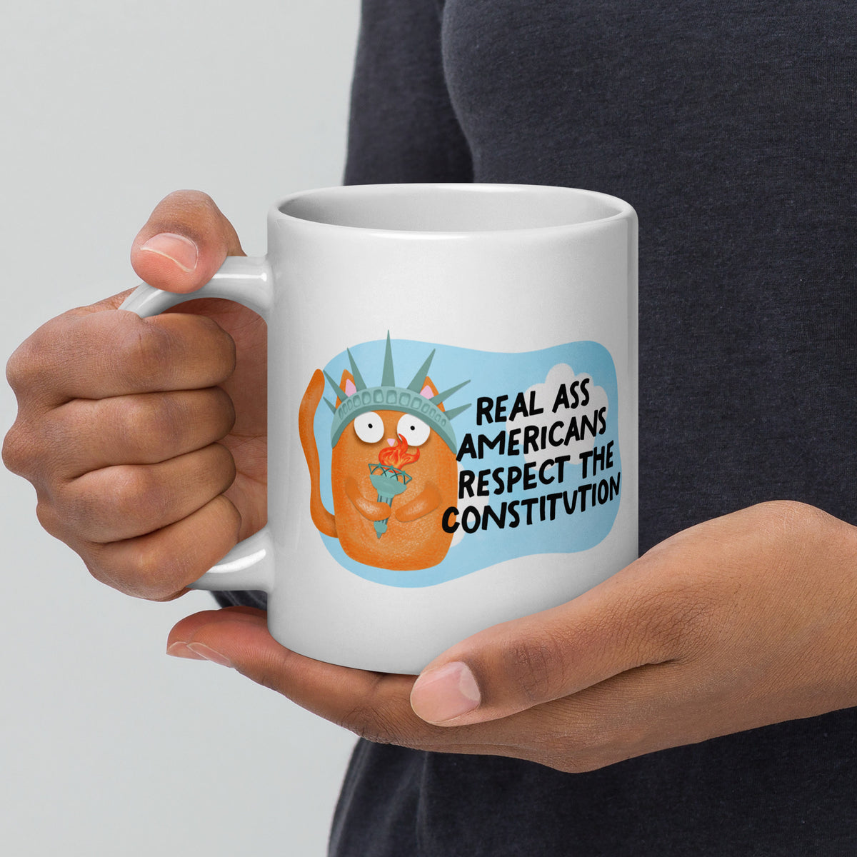 Real Ass Americans Respect the Constitution Glossy White Coffee Mug | Funny Political Cat Gift - Spinsterly Co