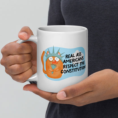 Real Ass Americans Respect the Constitution Glossy White Coffee Mug | Funny Political Cat Gift - Spinsterly Co