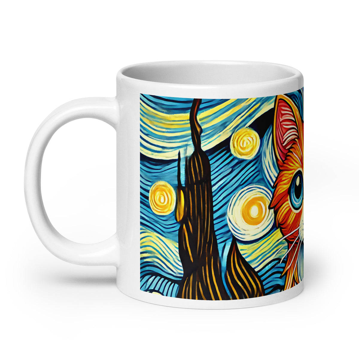 Starry Night Cat Glossy White Coffee Mug | Art Lover Cat Gift - Spinsterly Co