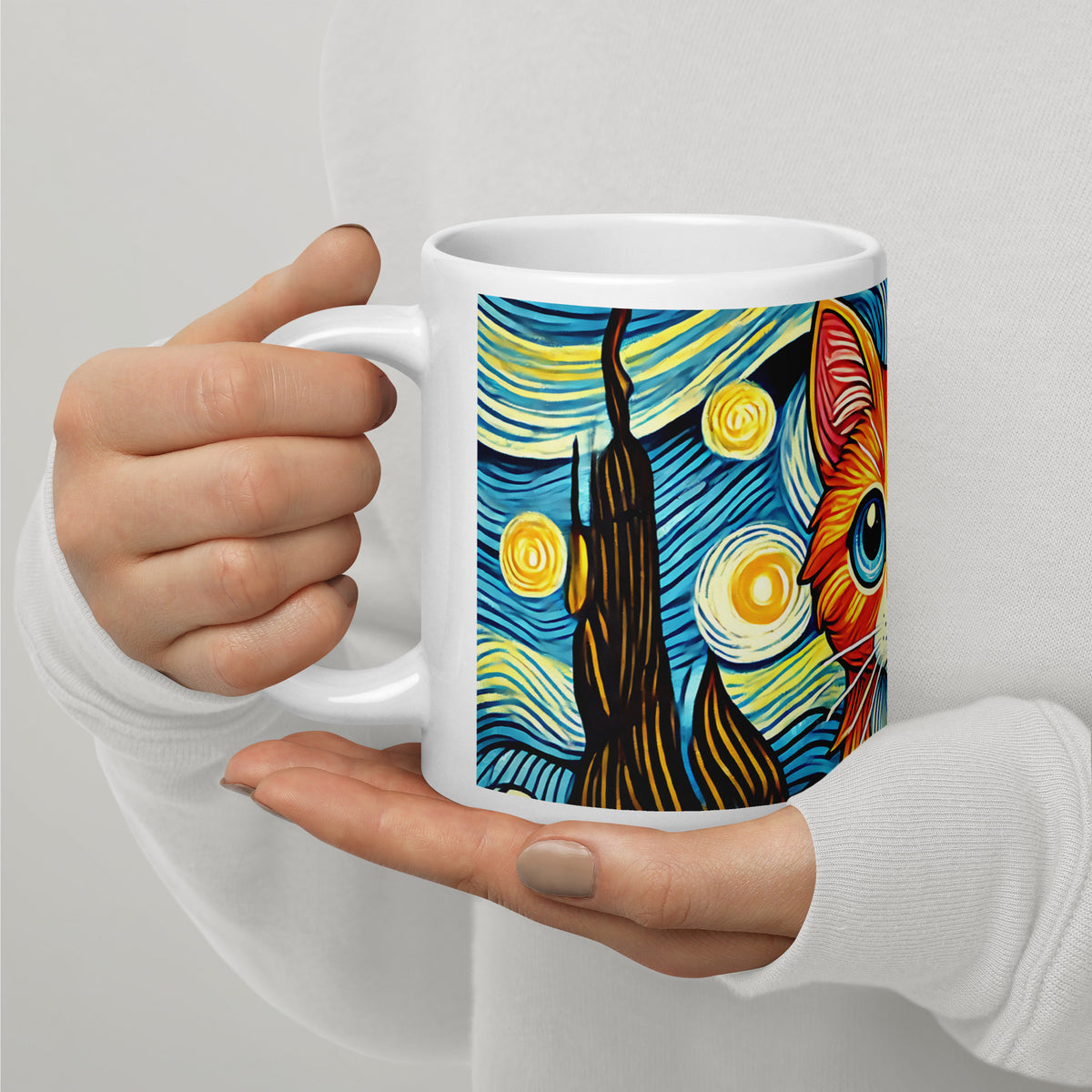 Starry Night Cat Glossy White Coffee Mug | Art Lover Cat Gift - Spinsterly Co