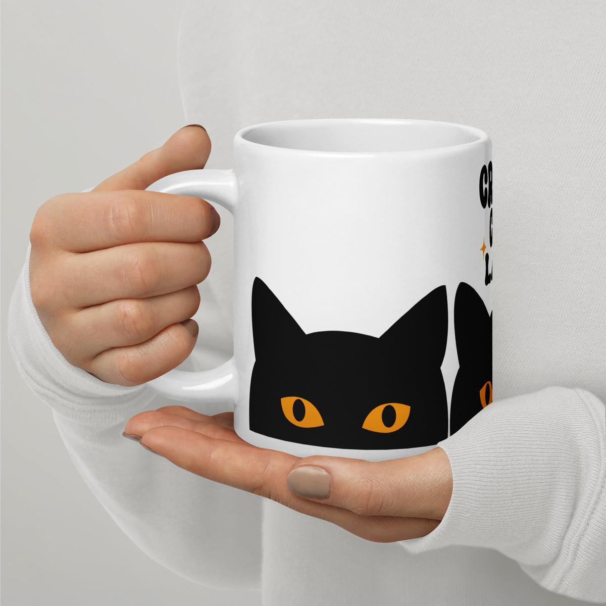 Crazy Cat Lady Peeking Black Cat Glossy White Coffee Mug | Funny Cat Lover Gift - Spinsterly Co