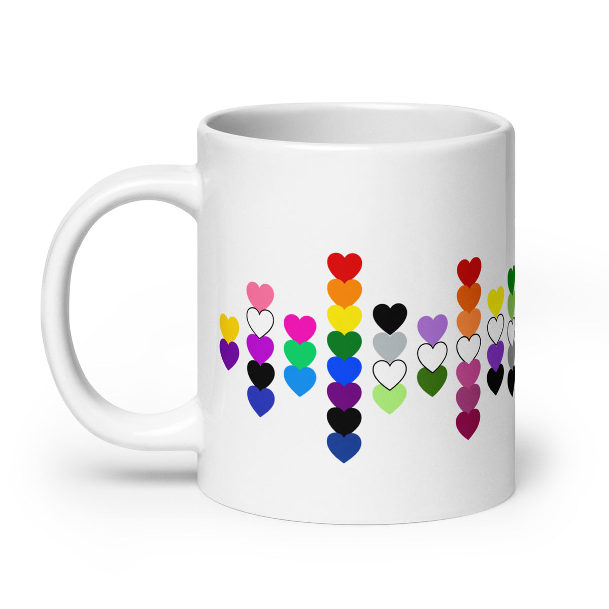 LGBTQIA+ Pride Flag Hearts White Glossy Mug | Inclusive Pride Gift | 19 Flags - Spinsterly Co
