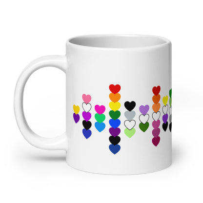 LGBTQIA+ Pride Flag Hearts White Glossy Mug | Inclusive Pride Gift | 19 Flags - Spinsterly Co