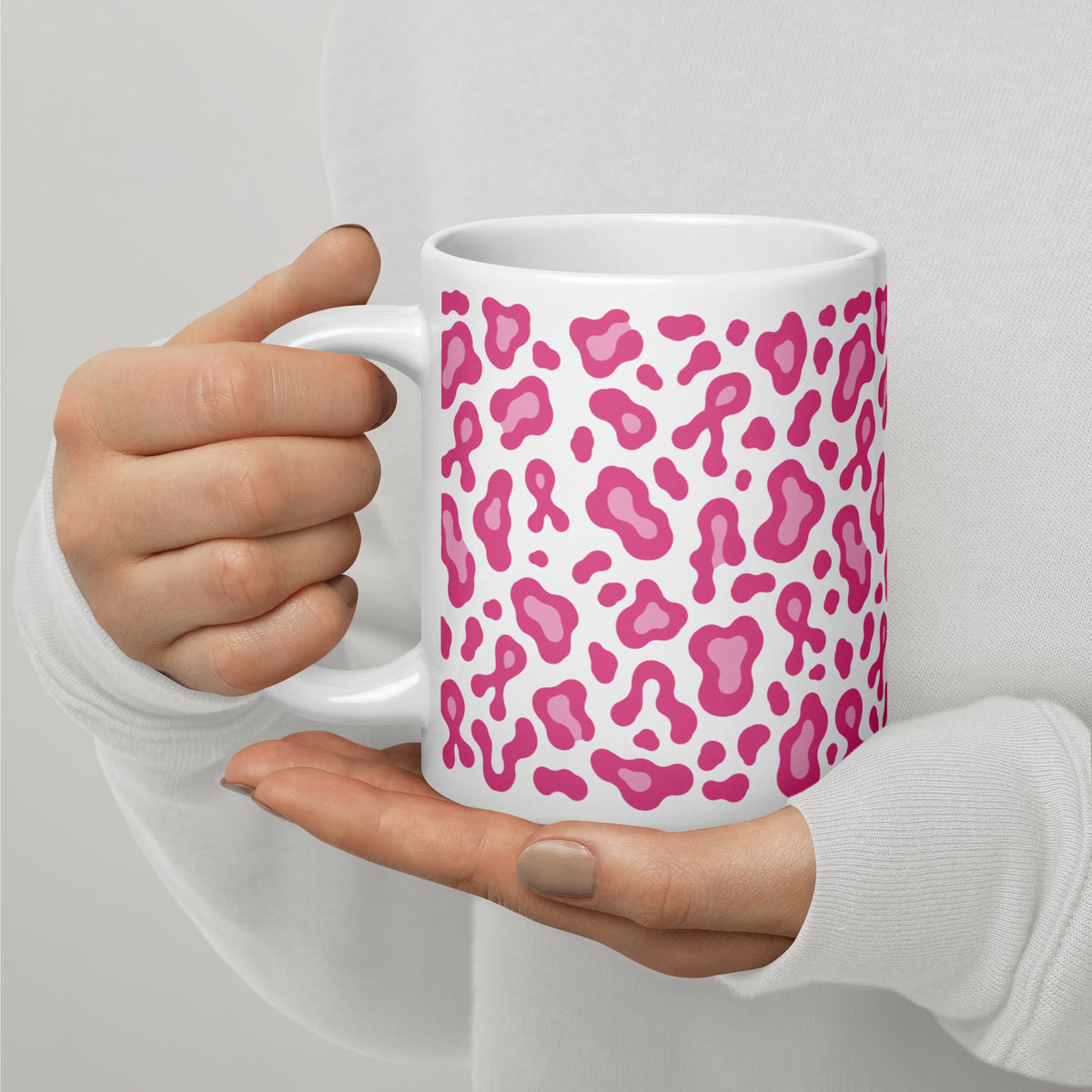 Pink Leopard Print White Glossy Mug | Breast Cancer Awareness Month - Spinsterly Co