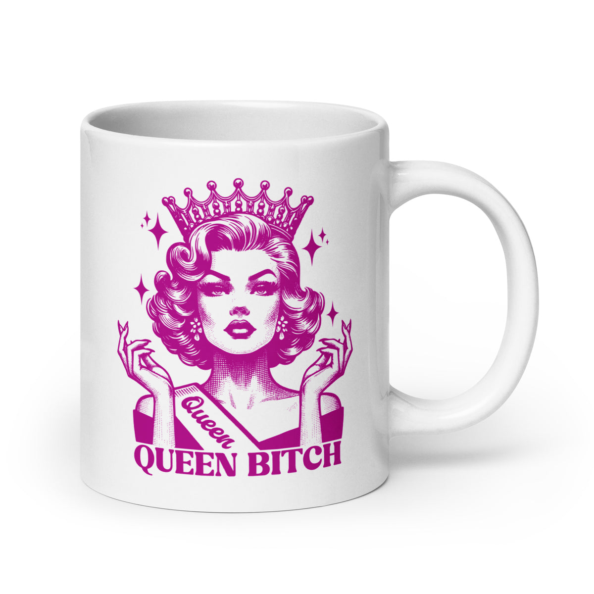 Queen Bitch White Glossy Coffee Mug | Crowned Retro Queen Pink Illustration - Spinsterly Co
