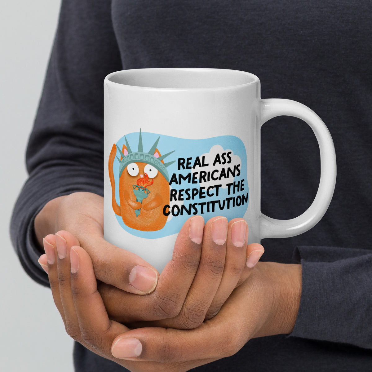 Real Ass Americans Respect the Constitution Glossy White Coffee Mug | Funny Political Cat Gift - Spinsterly Co