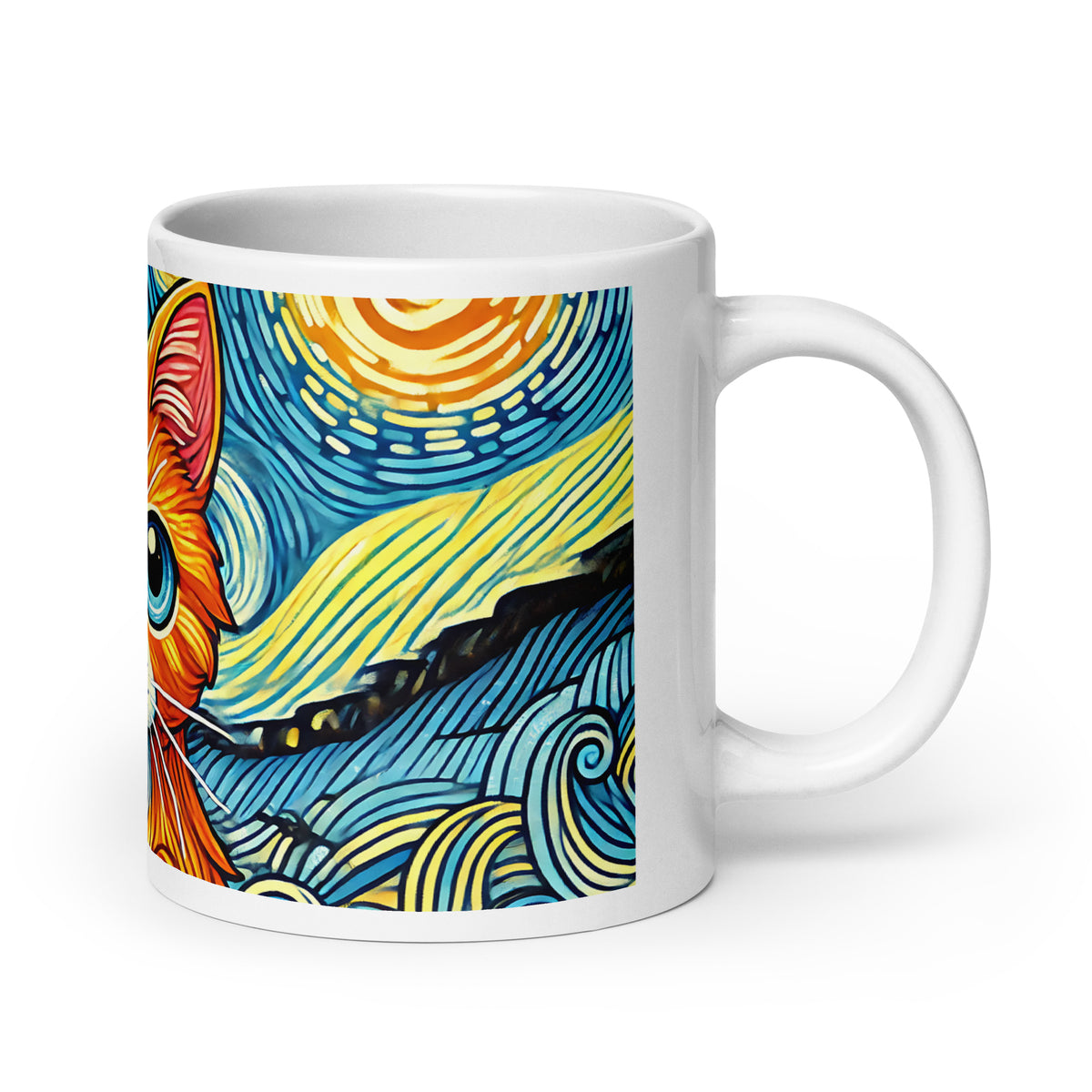 Starry Night Cat Glossy White Coffee Mug | Art Lover Cat Gift - Spinsterly Co