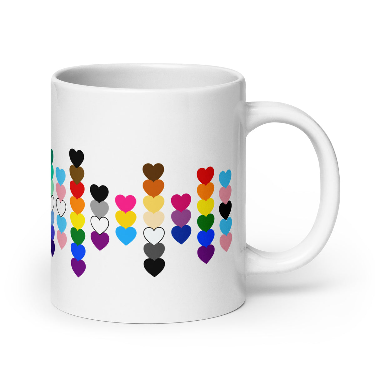 LGBTQIA+ Pride Flag Hearts White Glossy Mug | Inclusive Pride Gift | 19 Flags - Spinsterly Co