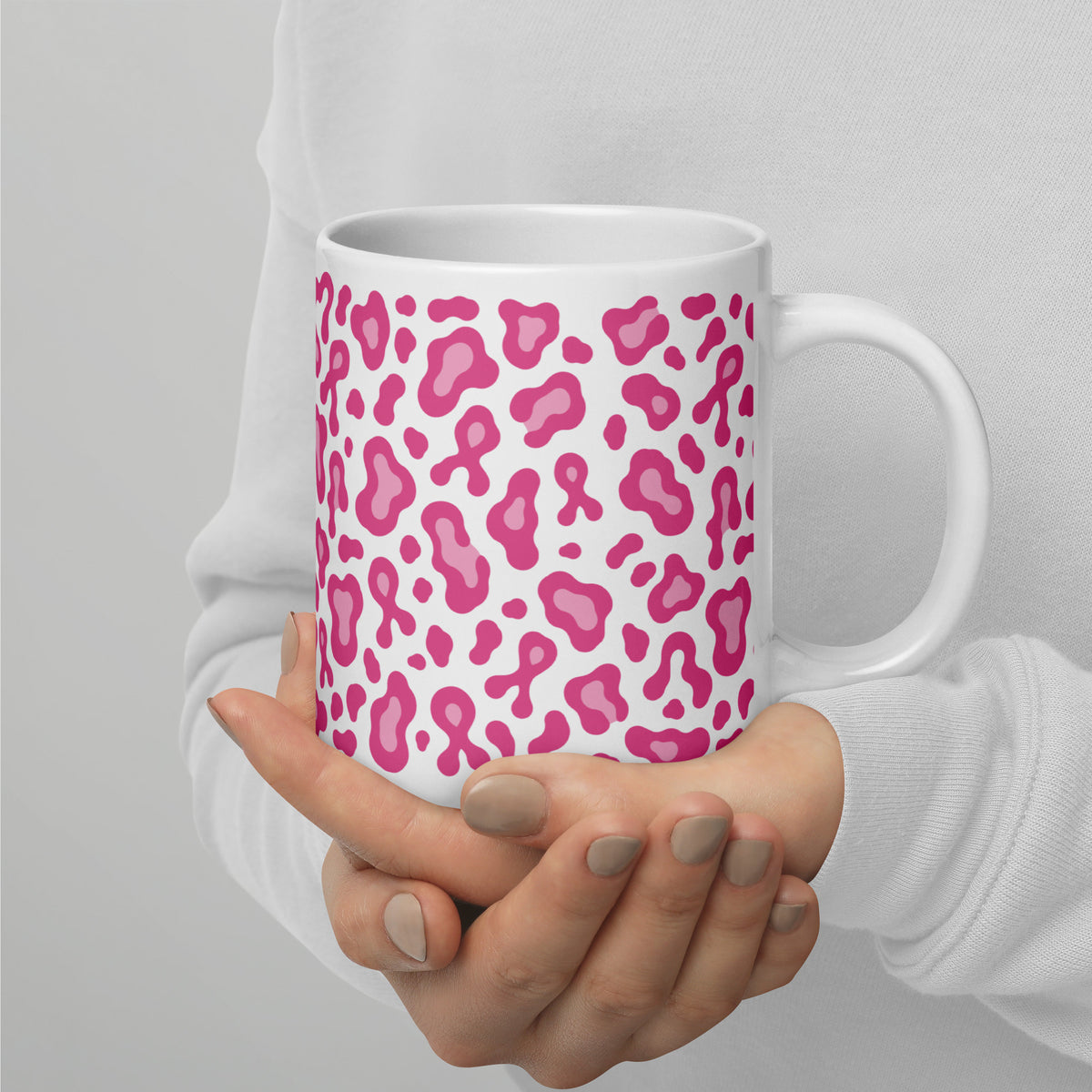 Pink Leopard Print White Glossy Mug | Breast Cancer Awareness Month - Spinsterly Co