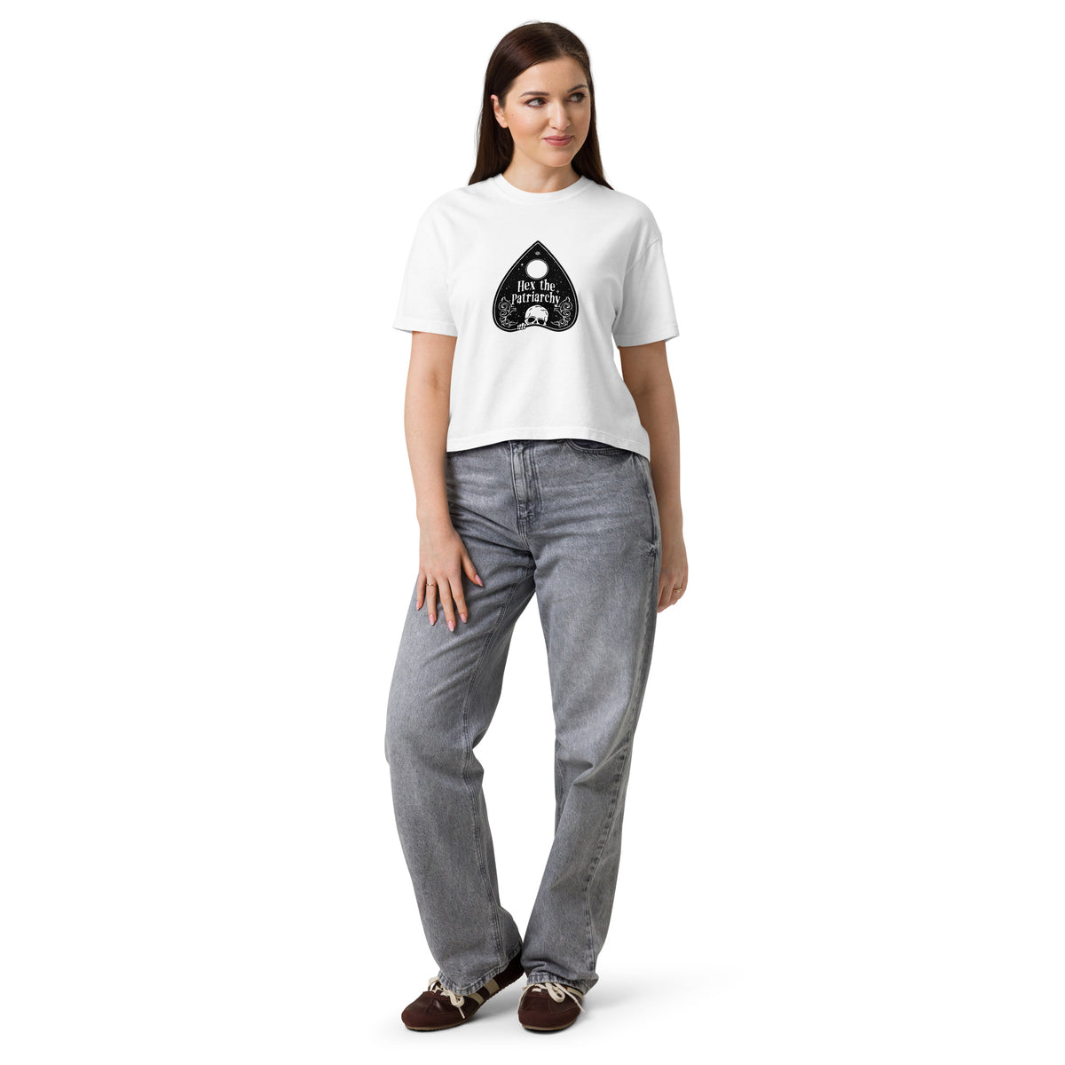 Hex the Patriarchy Boxy Crop Tee | Witchy Feminist Ouija Planchette Graphic T-Shirt - Spinsterly Co