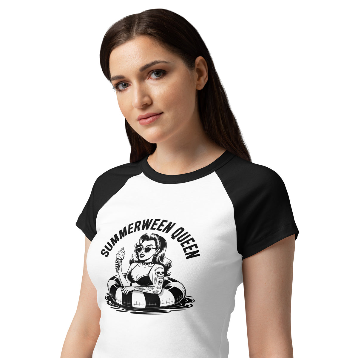 Summerween Queen Raglan Baby Tee | Spooky Pin-Up Micro Rib Crop Top - Spinsterly Co