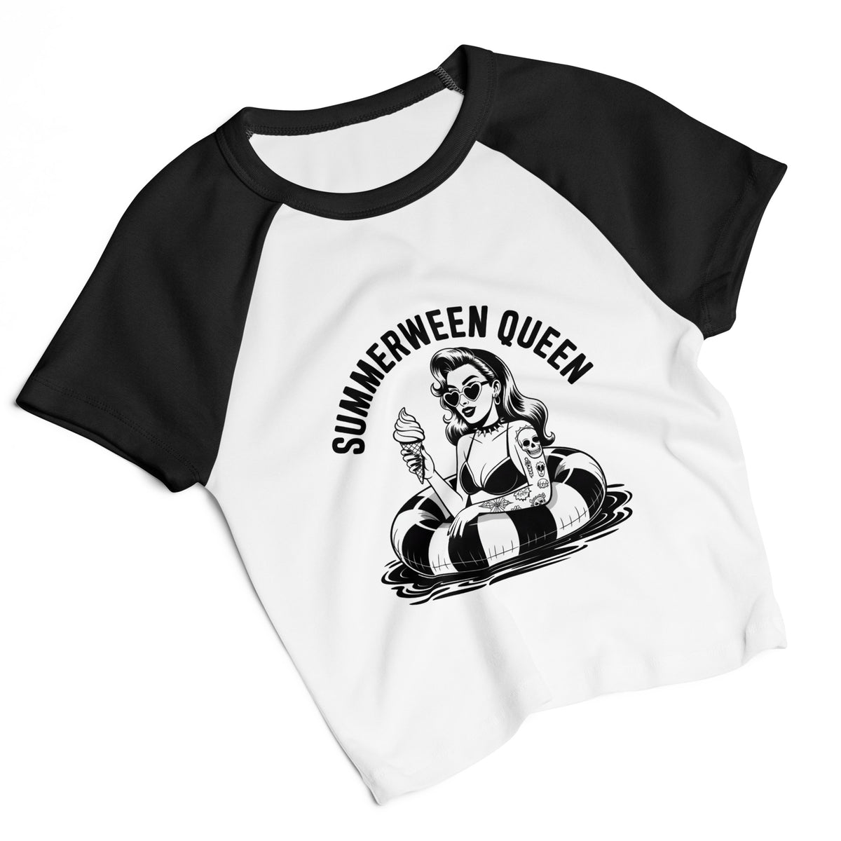 Summerween Queen Raglan Baby Tee | Spooky Pin-Up Micro Rib Crop Top - Spinsterly Co