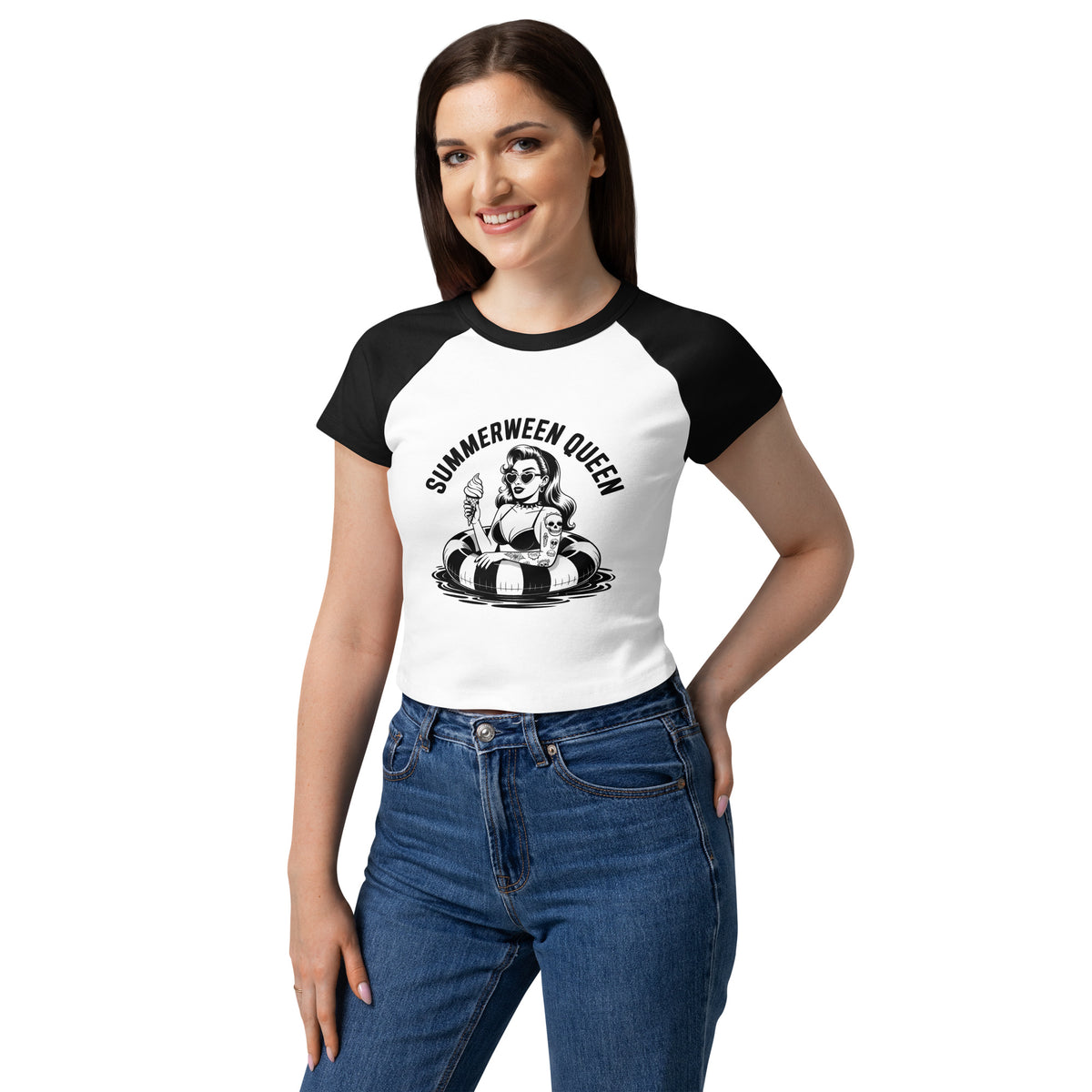 Summerween Queen Raglan Baby Tee | Spooky Pin-Up Micro Rib Crop Top - Spinsterly Co