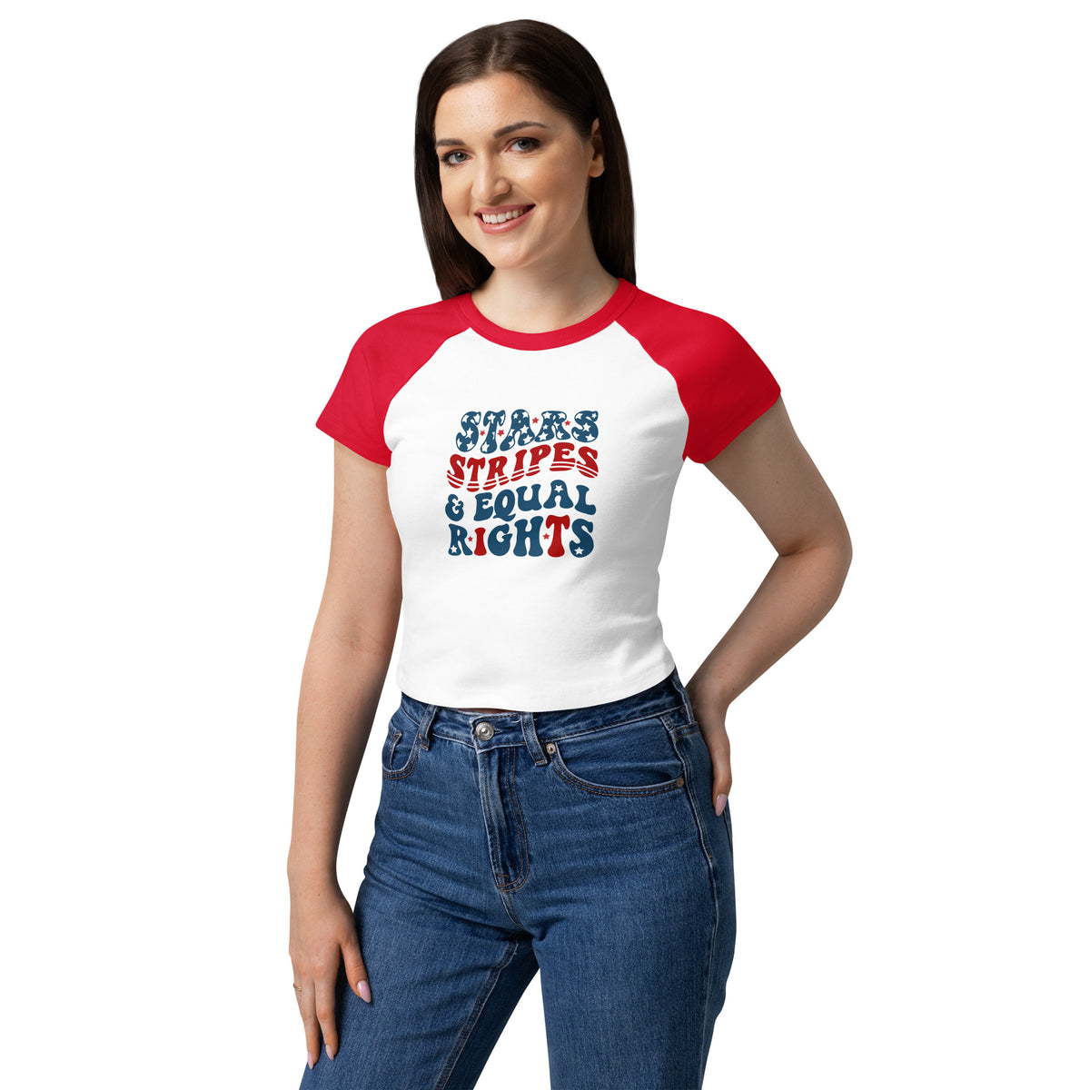 Stars, Stripes, and Equal Rights Raglan Baby Tee | Feminist Patriotic Crop Top - Spinsterly Co